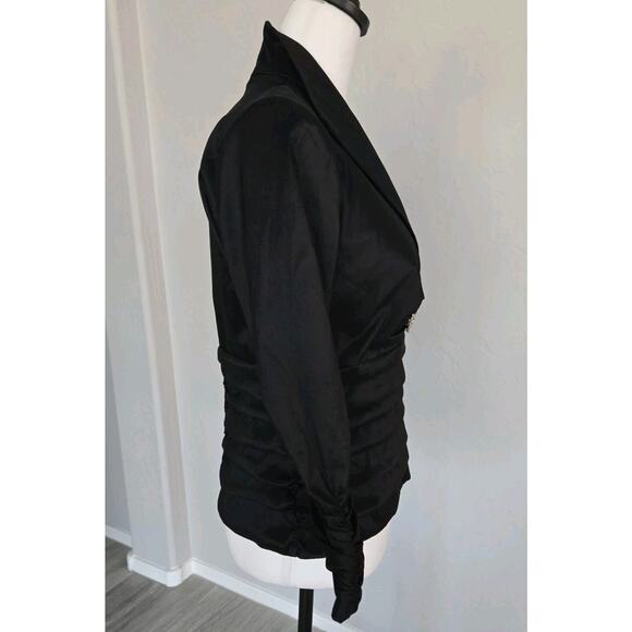 Tadashi Soji Stretch Taffeta Rouched Evening Cocktail Black Brooch Blouse Sz 8 - Picture 4 of 13
